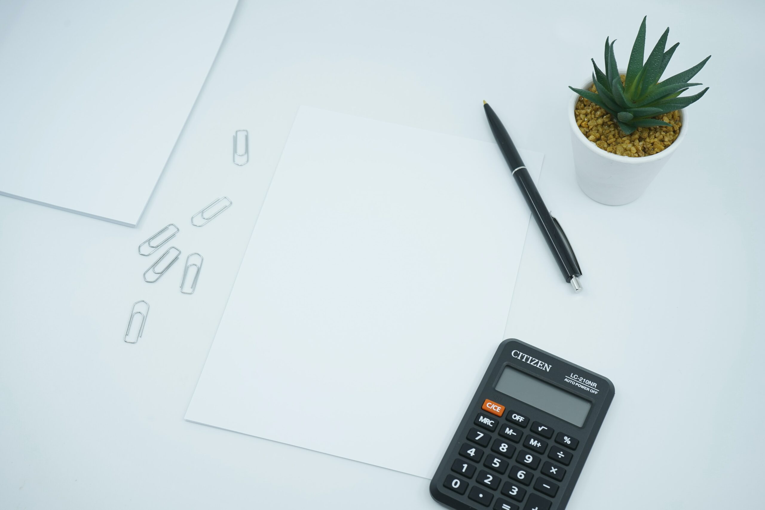 Papier, Büroklammern, Kugelschreiber, Taschenrechner und Pflanze auf einem weißen Tisch