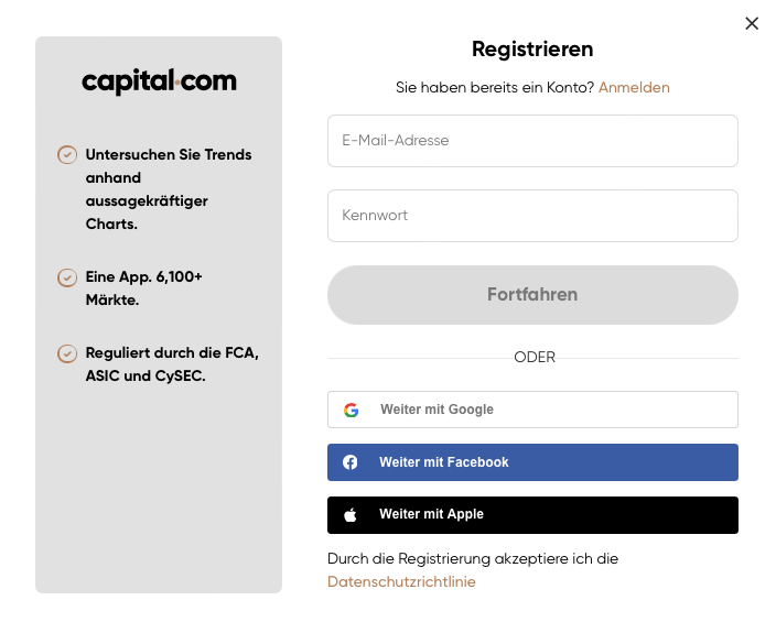 Capital.com anmelden und Trading starten