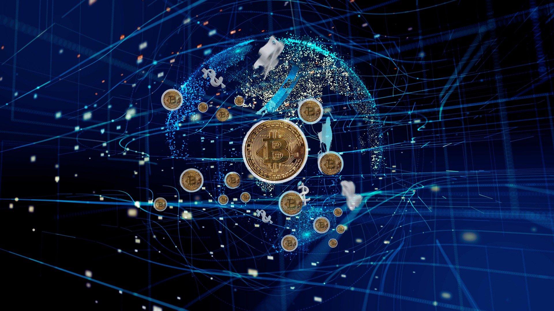 Mehrere Bitcoin Münzen vor blauem Hintergrund