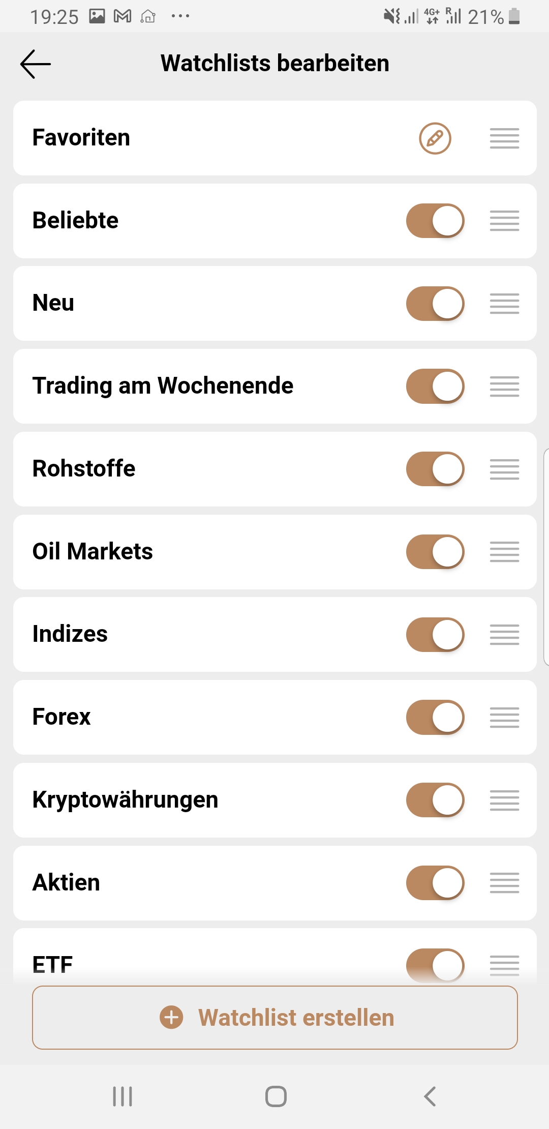 Capital.com - Watchlist mit Auswahl die Märkte zu aktivieren und zu deaktivieren