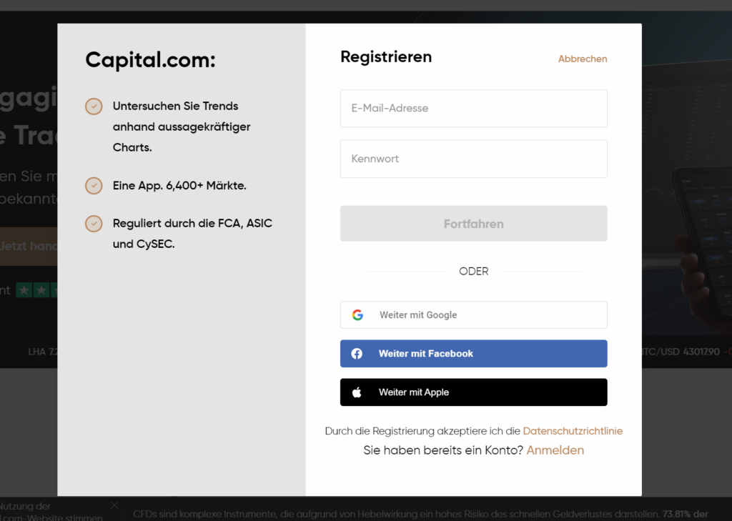 Capital.com Registrierung - Anmeldung und Eröffnung eines Kontos