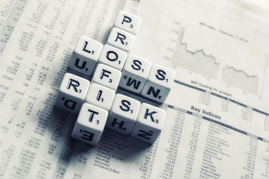 Mehrere Würfel liegen auf einer Zeitung. Die Würfel haben Buchstaben auf sich und ergeben die Worte Profit, Loss und Risk.