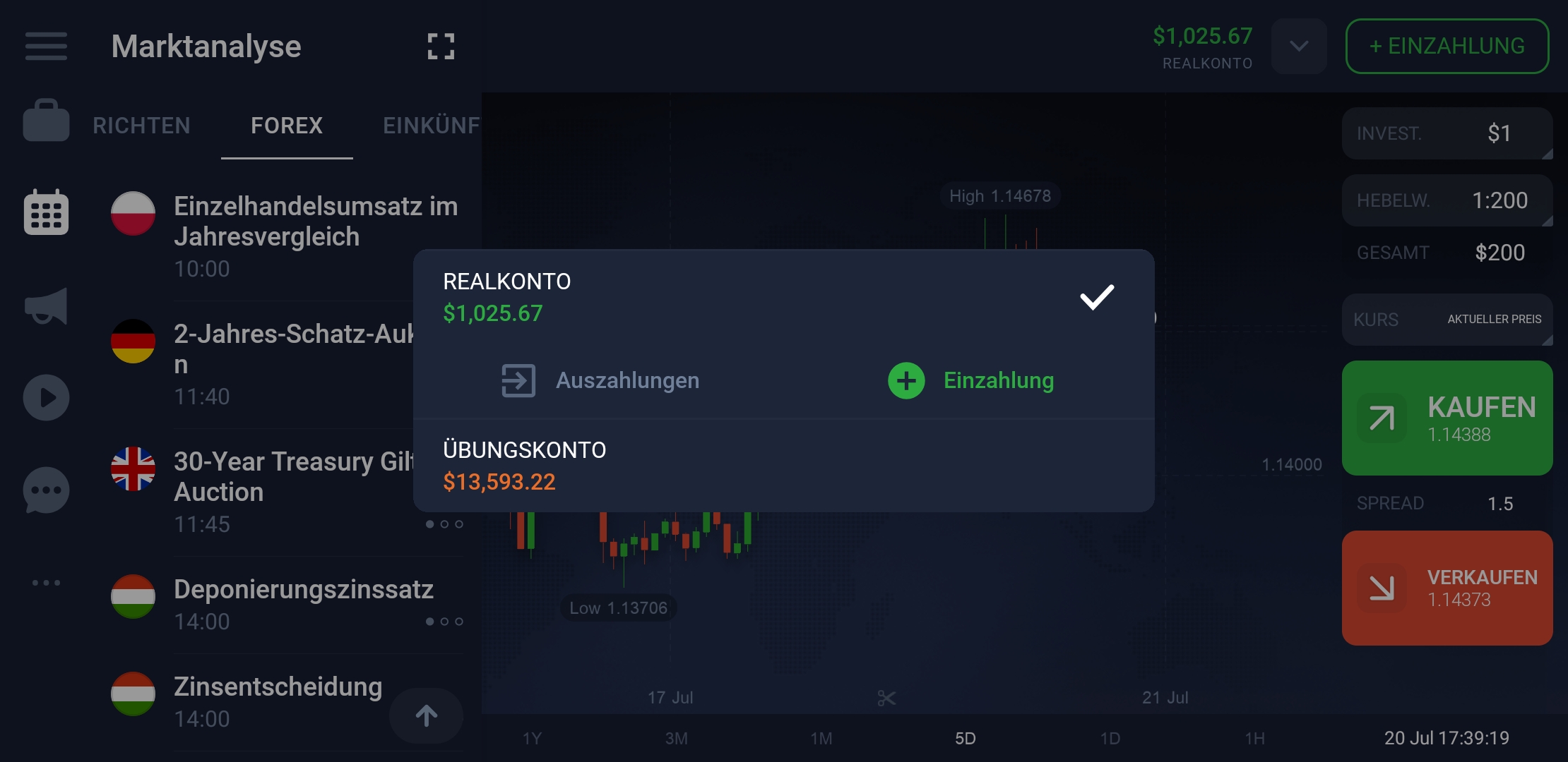 Demokonto und Realkonto in einer Forex Trading App