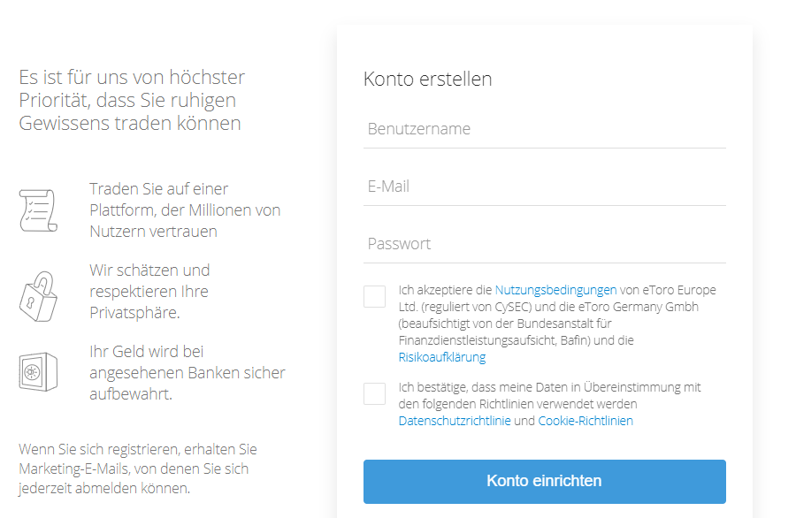 Etoro Registrierung - Konto einrichten (Screenshot)