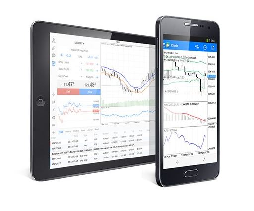 Ein Tablet und ein Smartphone auf dem eine Handelsplattform zu sehen ist.