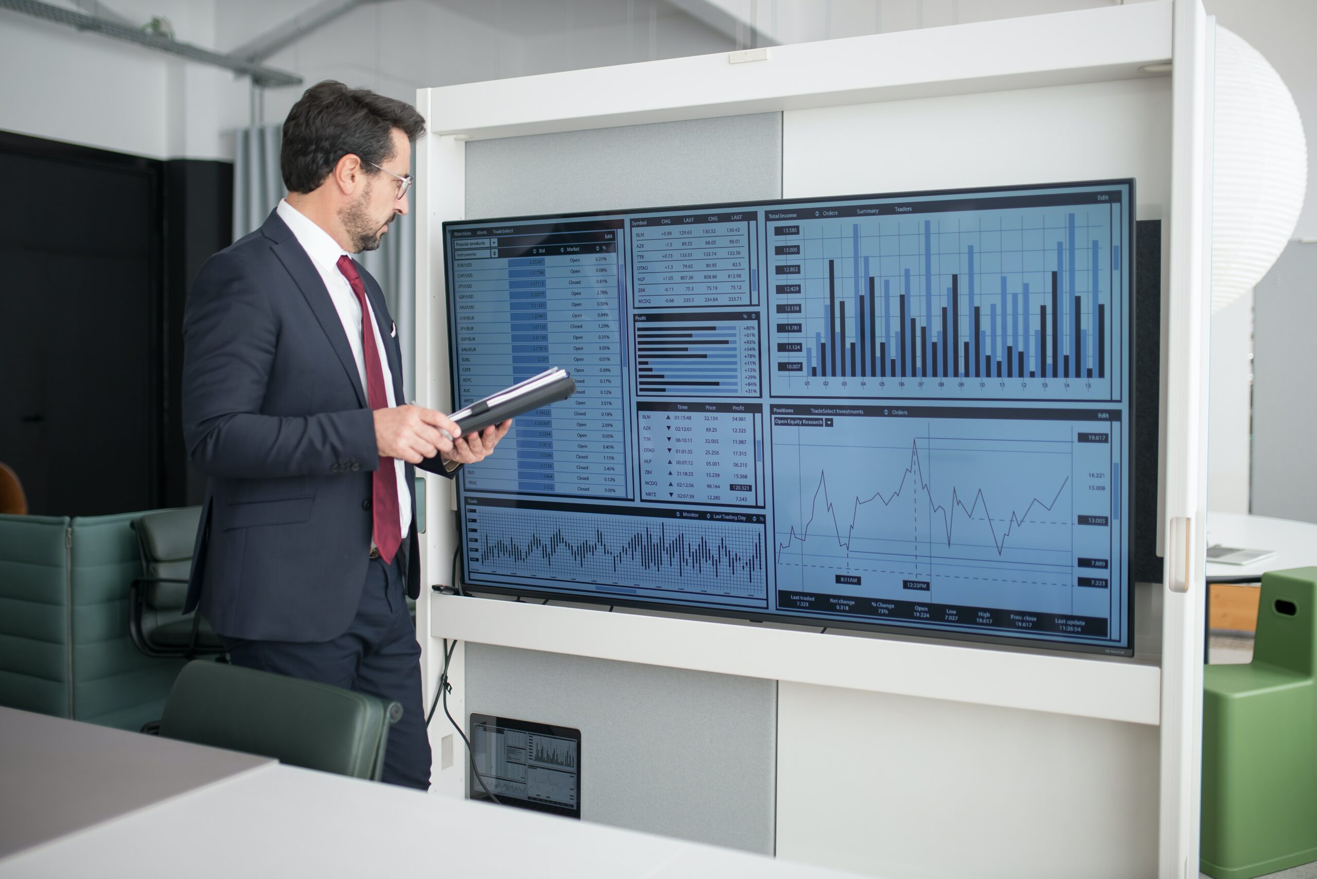 Mann im Anzug mit Dokumenten in der Hand und Blick auf einen großen Monitor gerichtet, auf dem mehrere Charts und Diagramme zu sehen sind.