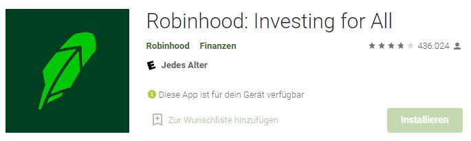 Screenshot von der Robinhood App im Google Play Store