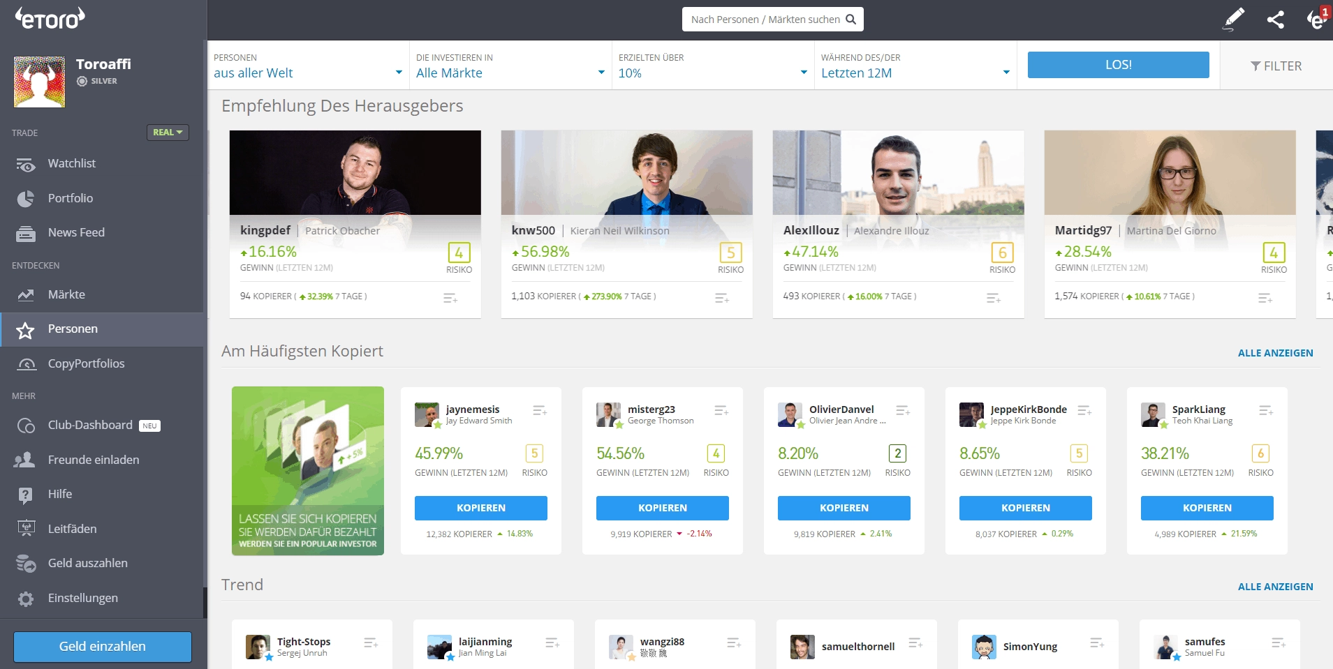 Screenshot der Social Trading Plattform von Etoro 