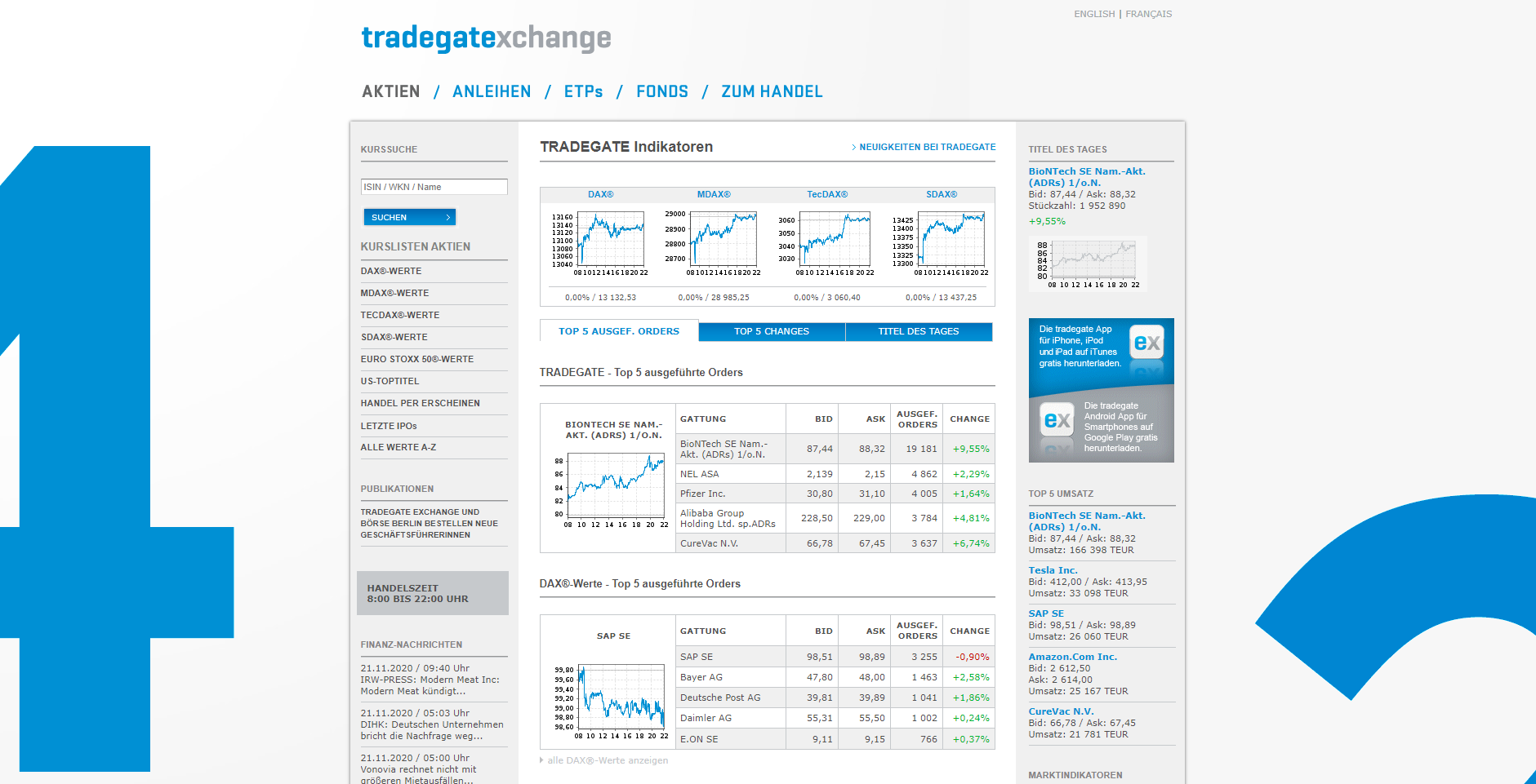 Tradegate Exchange Webseite