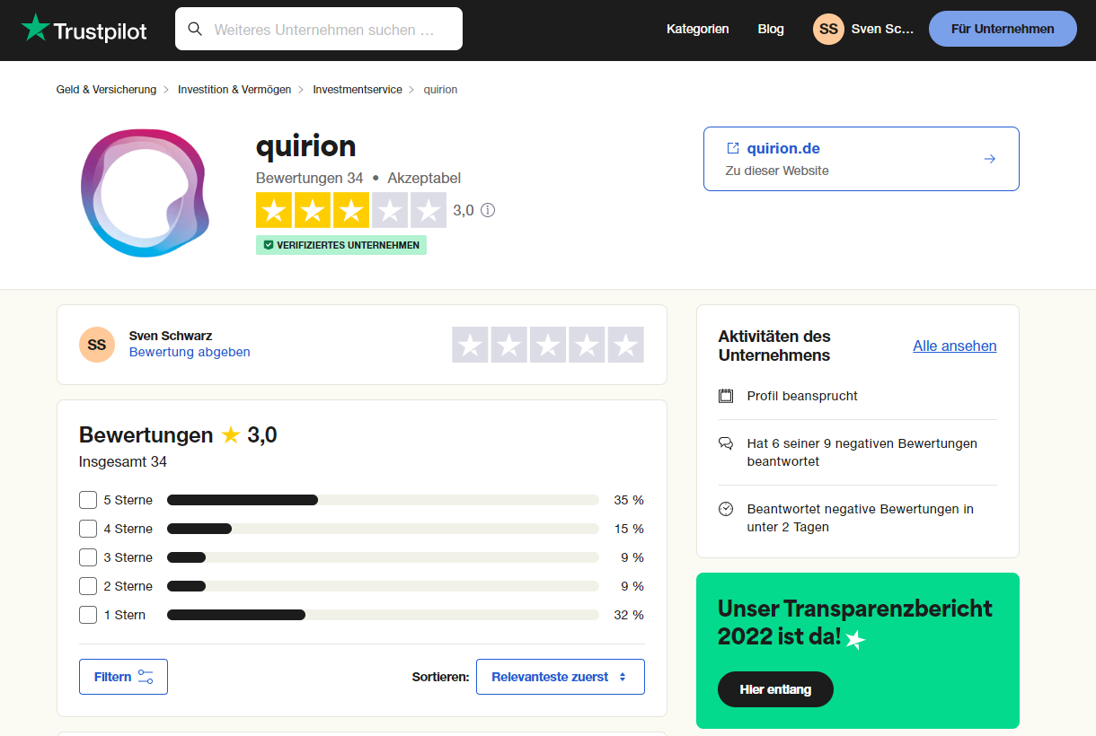 Bewertungen von Quirion bei Trustpilot
