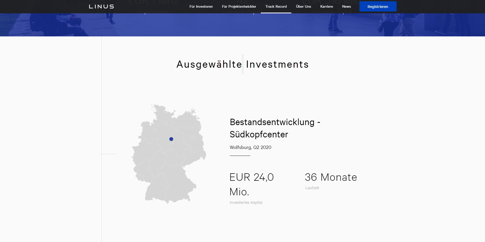 Beispielhaftes Investmentprojekt, in das Co-Investoren gemeinsam mit Linus Capital investieren können. Hier am Beispiel des bekannten Wolfsburger Einkaufstempels „Südkopfcenter“. Die Laufzeit der Investition beträgt bei einem Gesamtvolumen von 24 Mio. Euro 36 Monate.