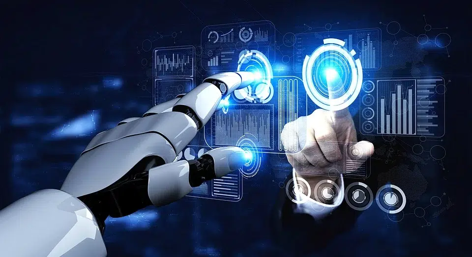 Technologieaufnahme mit einer ausführenden Roboterhand und einer menschlich ausführenden Hand - Forex Trading Roboter - hohes Risiko für viele Verluste