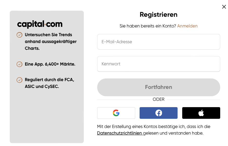 Capital.com Registrierungsmaske