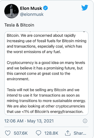 Screenshot Twitterbeitrag von Elon Musk über Tesla & Bitcoin