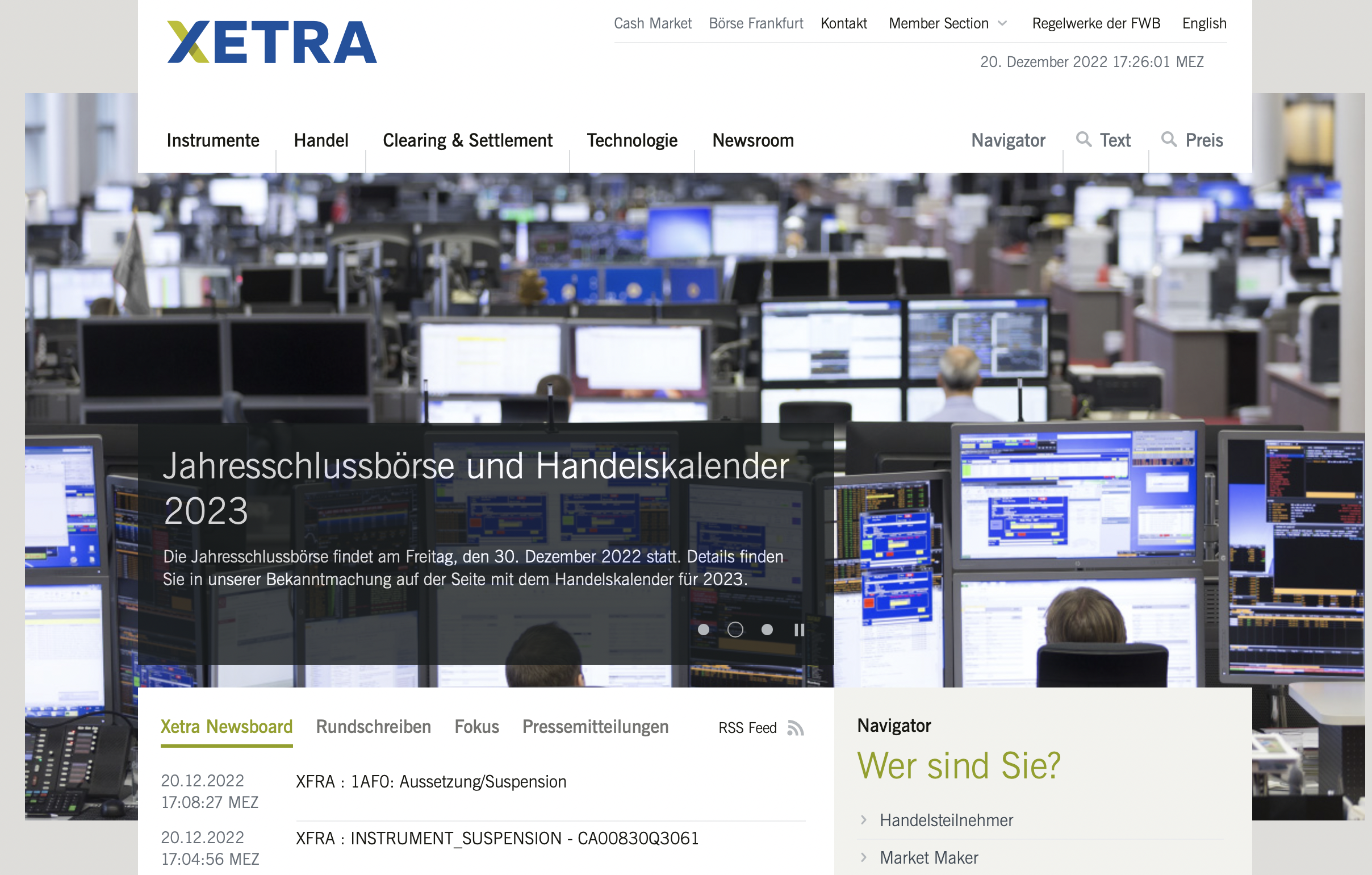 Webseite der XETRA